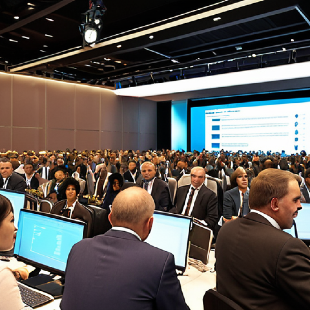 A bustling international conference with translators in booths, simultaneously interpreting for delegates from diverse cultural backgrounds. Focus on the multilingual environment and the importance of communication.