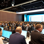 A bustling international conference with translators in booths, simultaneously interpreting for delegates from diverse cultural backgrounds. Focus on the multilingual environment and the importance of communication.