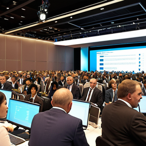 Home 4 A bustling international conference with translators in booths, simultaneously interpreting for delegates from diverse cultural backgrounds. Focus on the multilingual environment and the importance of communication.